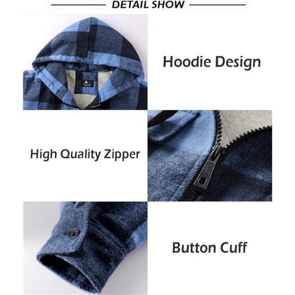 Men's Flannel Shirt Fleece Sherpa Lined Plaid Jackets Coat Full Zip Up Hoodie - Picture 5 of 7